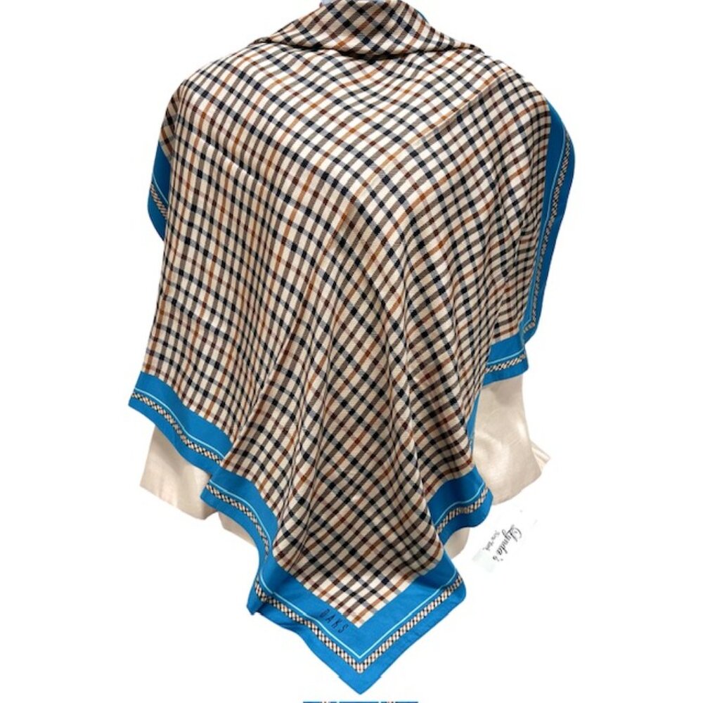 Unused- DAKS LONDON 100% Silk Satin Blue Brown Beige Checked Print 34"x34"( 48)